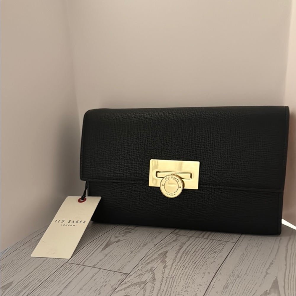 Ted Baker Black Leather Clutch with Gold Clasp